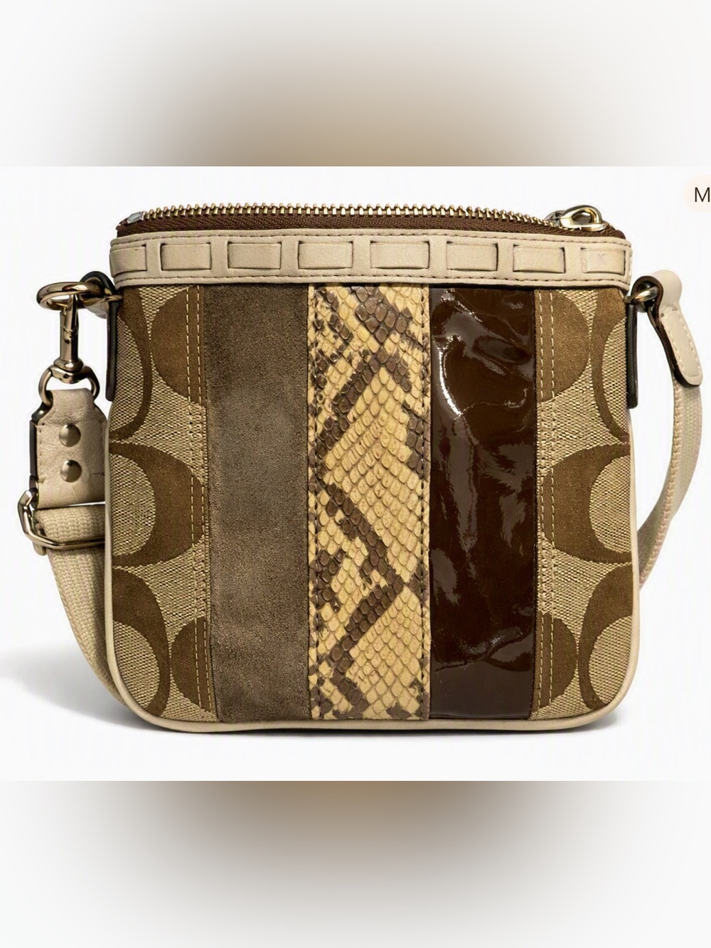 Coach Mixed‑Material Crossbody Bag – Brown, Tan & Cream – Snakeskin Accent